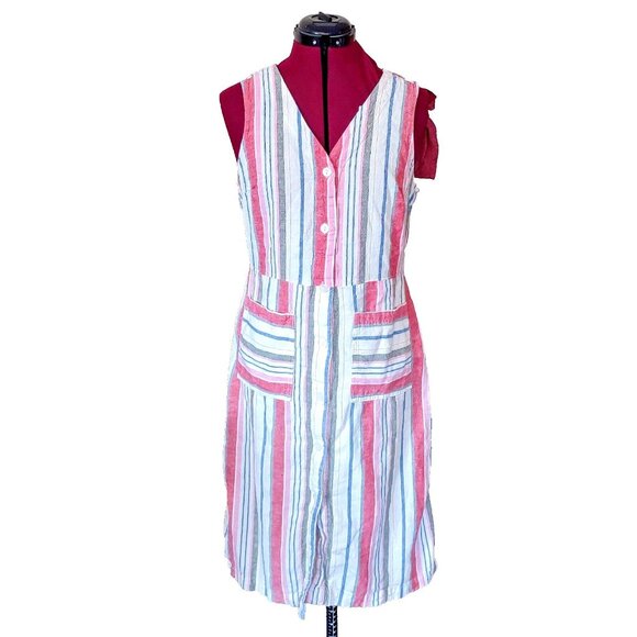 Old Navy Dress Size Medium Striped Button Front V Neck Pockets Linen Ble… - Picture 1 of 6